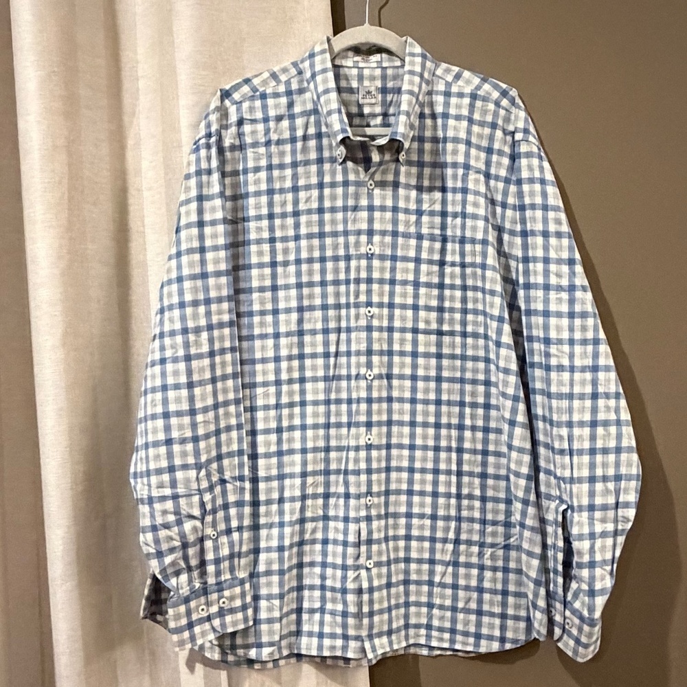 Peter Millar Men's Plaid Blue & Gray Plaid Long Sleeve, Size XXL